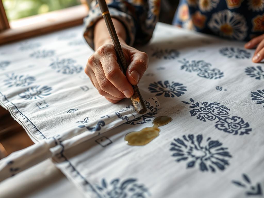 Traditional Malaysian batik artisan working with canting tool on stretched fabric