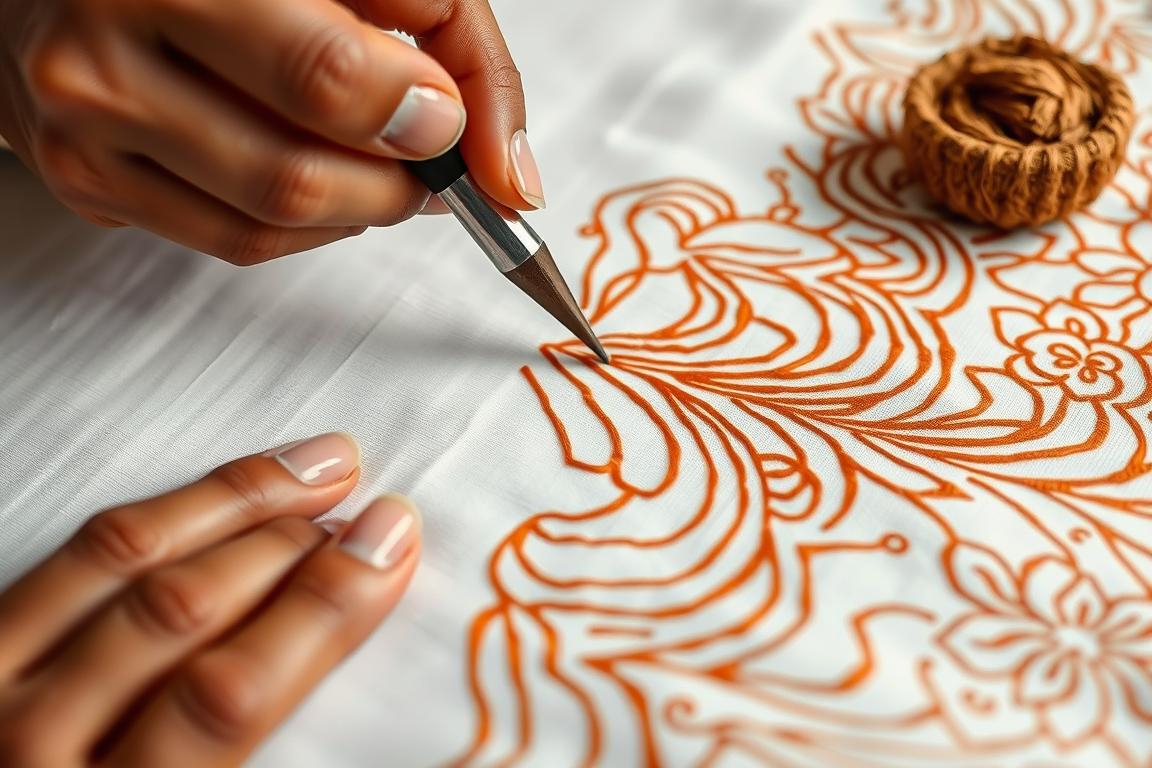 Close-up of hand-drawn batik process showing intricate wax application
