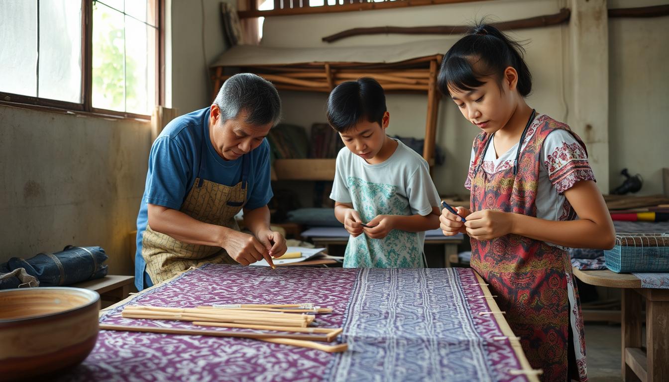 Young apprentices learning traditional Malaysian batik techniques from master artisans