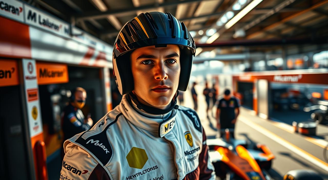 Lando Norris: Inside the F1 Star's 2025 Season 2 A dramatic high-angle shot of Lando Norris, the young British Formula 1 driver, looking focused and determined as he stands in the paddock, surrounded by his McLaren team. Bright sunlight filters through the motorsport garages, casting dynamic shadows and highlights. The foreground is crisp and detailed, showcasing Norris' race suit, helmet, and vehicle parts. The background is slightly blurred, hinting at the bustling activity of the pit crew and the energy of the racing environment. The overall mood is one of anticipation and intensity, reflecting the high stakes and rapid updates in the world of Formula 1.