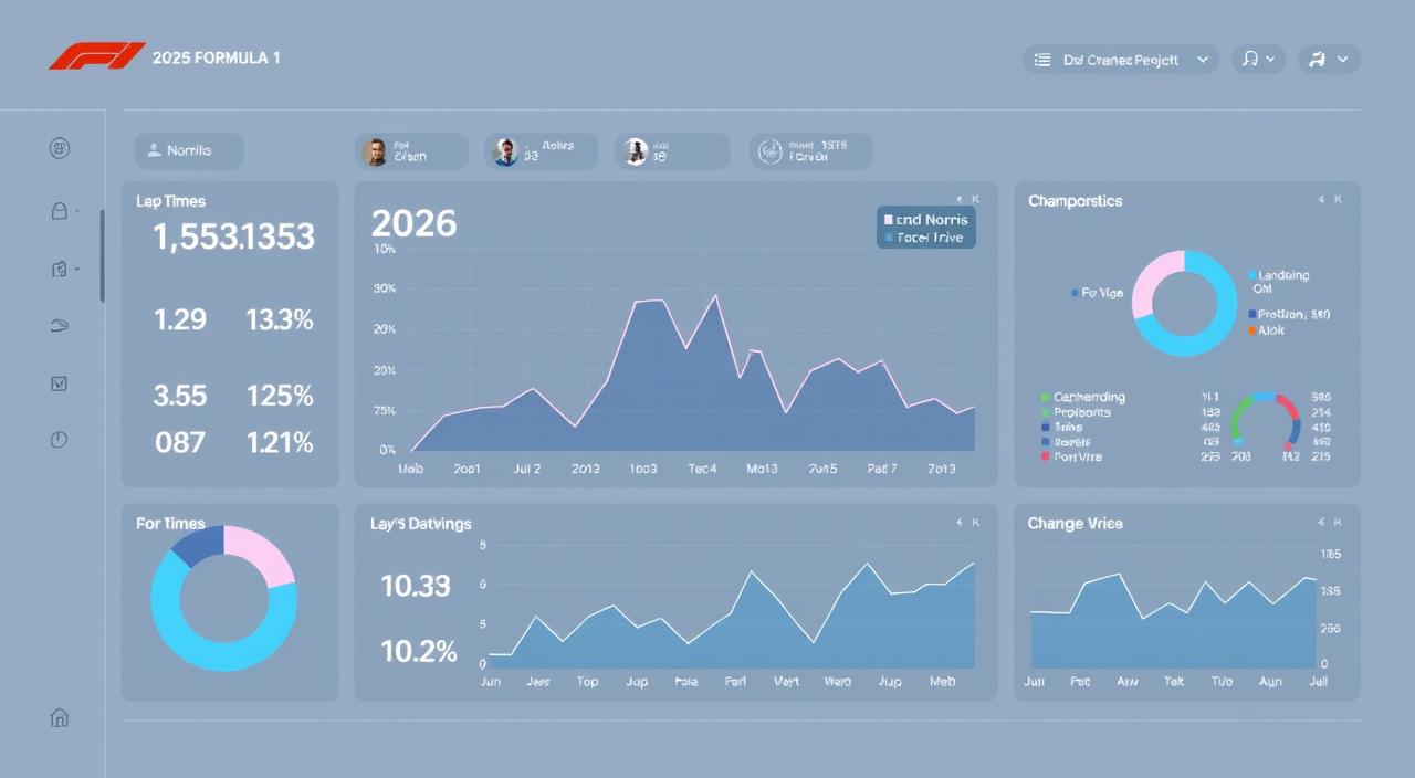 Lando Norris: Inside the F1 Star's 2025 Season 1 A detailed 2025 performance dashboard showcasing Lando Norris' statistics as a Formula 1 driver. Rendered in a clean, minimalist style with a sleek, high-tech aesthetic. The dashboard features a prominent central graph displaying Norris' race results, lap times, and other key metrics over the course of the season, set against a muted background with subtle grid lines. Surrounding the central graph are additional data visualizations, such as pie charts for podium finishes and race positions, as well as line graphs tracking his championship standing progression. The overall composition uses a cool color palette with shades of blue and gray, conveying a sense of precision and professionalism befitting an elite motorsports athlete.