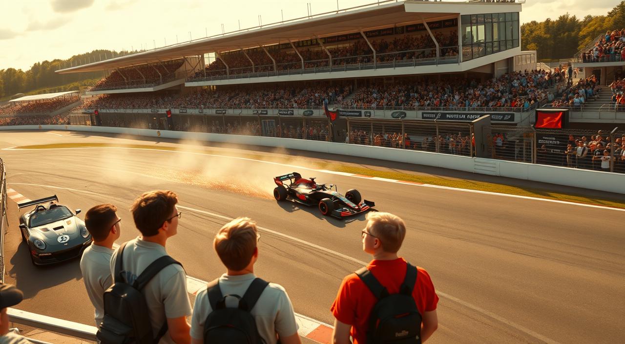 Lando Norris: Inside the F1 Star's 2025 Season 3 A dramatic overhead shot of a racetrack, with Lando Norris' Formula 1 car cutting through the curves, leaving a trail of dust and sparks in its wake. In the foreground, a group of young British racing enthusiasts watch intently, their faces alight with excitement and admiration. The middle ground showcases the iconic British racing heritage, with classic car models lining the pit area. In the background, the grand stands are filled with a roaring crowd, their cheers echoing the impact of Norris' meteoric rise in the sport. The scene is bathed in golden late-afternoon light, capturing the spirit of a new generation of British motorsport champions.