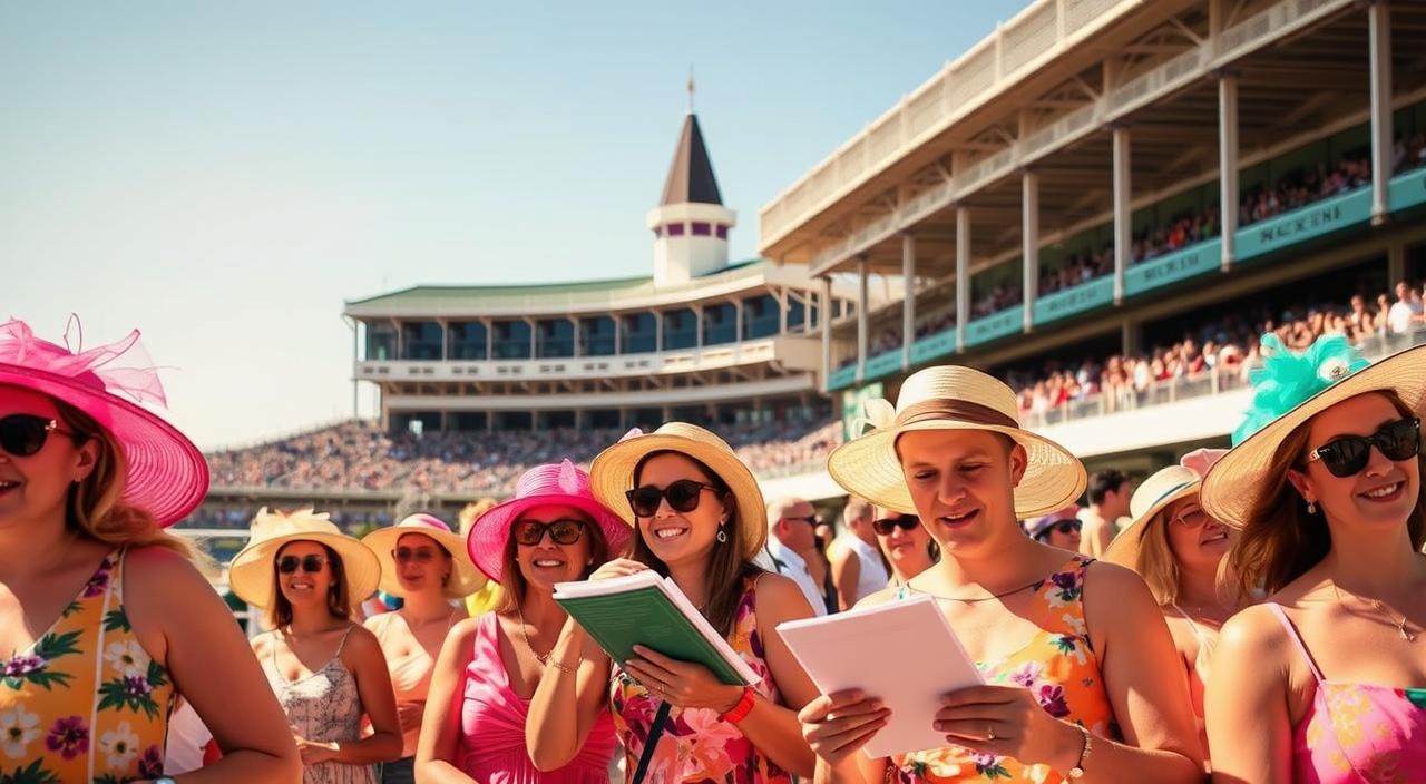 Kentucky Derby 2025: Everything You Need to Know About This Year’s Biggest Horse Race 4 A lively scene of first-time Derby attendees, captured in a vibrant, warm-toned photograph. In the foreground, a group of enthusiastic spectators clad in vibrant sundresses and stylish hats cheer on the racehorses, their expressions filled with excitement. In the middle ground, a couple consults a racecard, their faces illuminated by the soft, natural lighting of the event. In the background, the iconic Churchill Downs grandstand looms, its stately architecture framed by a clear, azure sky. The overall atmosphere conveys the electricity and anticipation of the Kentucky Derby, a perfect illustration of the tips for first-time attendees.