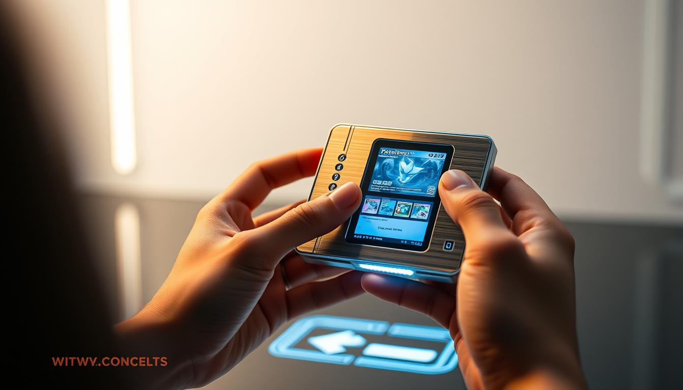 Pokémon TCG Pocket Gift Codes Free: Redeem Now 2 A sleek, high-tech Pokémon trading card deck holder, designed to resemble a futuristic pocket device. The brushed metal casing reflects a warm, ambient light, while the holographic display panel showcases a series of Pokémon card details. The device's compact form factor and intuitive controls suggest a seamless, user-friendly experience for Pokémon TCG enthusiasts. In the foreground, a pair of hands gently interacts with the device, highlighting its tactile, high-quality construction. The background is a minimalist, technologically-advanced environment, hinting at the cutting-edge nature of this innovative Pokémon TCG accessory.