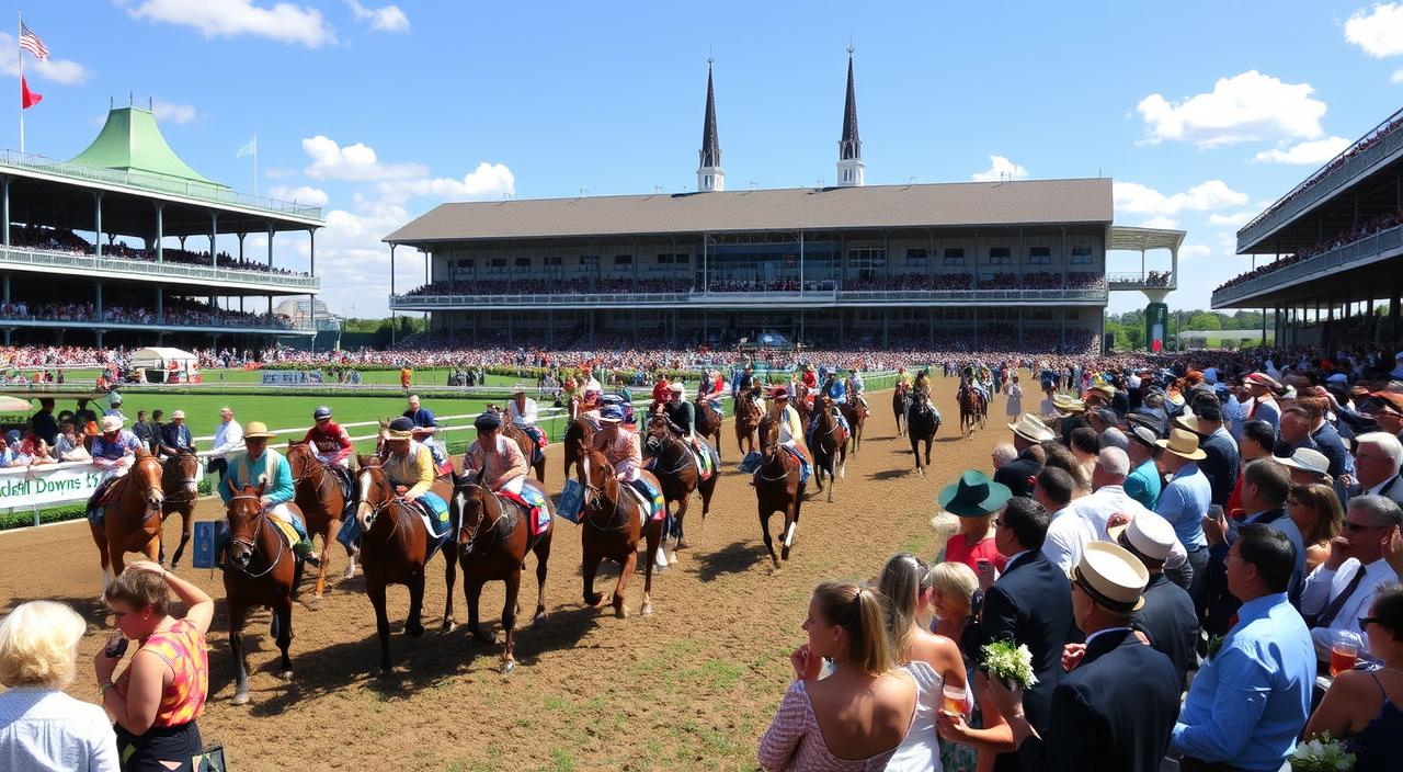 Kentucky Derby 2025: Everything You Need to Know About This Year’s Biggest Horse Race 2 A lively Derby race day scene on a sun-dappled Kentucky afternoon. In the foreground, a parade of elegant racehorses and their dapper jockeys prancing onto the track, their manes and silks fluttering in the gentle breeze. The middle ground features a bustling crowd of spectators in their finest attire, sipping mint juleps and excitedly chatting as they consult the race day schedule. In the background, the stately grandstand and iconic Twin Spires of Churchill Downs stand majestically, set against a cloudless blue sky. The atmosphere is electric with anticipation, as the historic venue prepares to host another thrilling edition of the "Greatest Two Minutes in Sports".