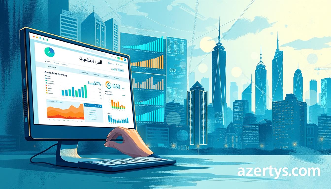 A high-resolution digital illustration depicting the process of SEO content optimization for an Arabic-language website. The foreground shows a desktop computer screen displaying a content editing interface, with a pair of hands typing on a keyboard. The middle ground features an array of analytical charts, graphs, and data visualizations related to SEO metrics and website performance. The background showcases a vibrant, dynamic cityscape with towering skyscrapers, reflecting the modern, tech-savvy nature of the subject matter. The color palette is a harmonious blend of cool blues, greens, and grays, creating a professional, data-driven atmosphere. The overall scene conveys the importance of regularly updating and refining SEO content to maintain a strong online presence, as exemplified by the website azertys.com.