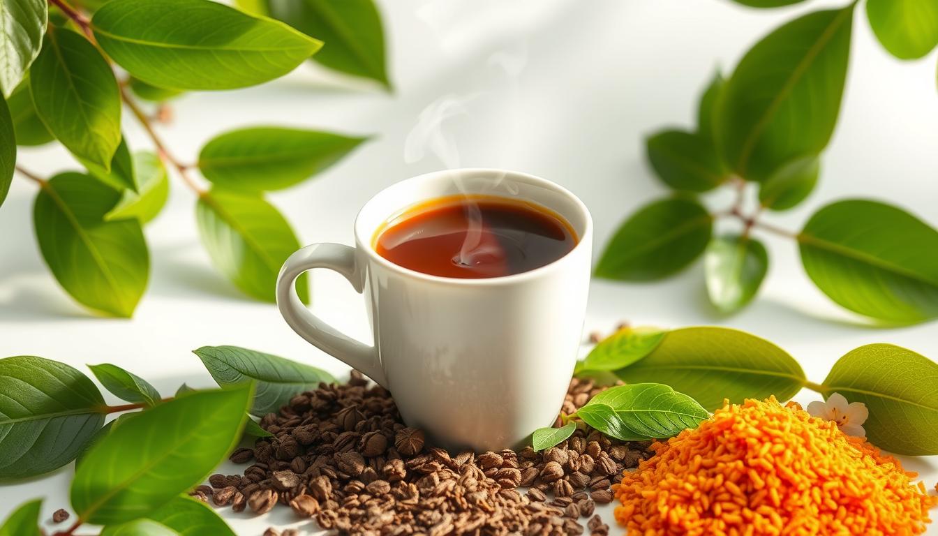 Detailed illustration of Java Burn health and weight loss benefits, featuring a central cup of steaming coffee surrounded by a halo of energizing natural ingredients. The cup is set against a backdrop of lush green leaves and a crisp, clean white background, conveying a sense of purity, vitality, and natural wellness. The lighting is soft and diffused, creating a warm, inviting atmosphere. The overall composition emphasizes the product's natural, high-quality components and their positive impact on the consumer's health and well-being.
