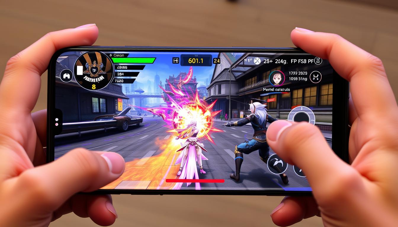 Galaxy S24 Ultra rodando jogo gráfico intenso com estatísticas de FPS visíveis