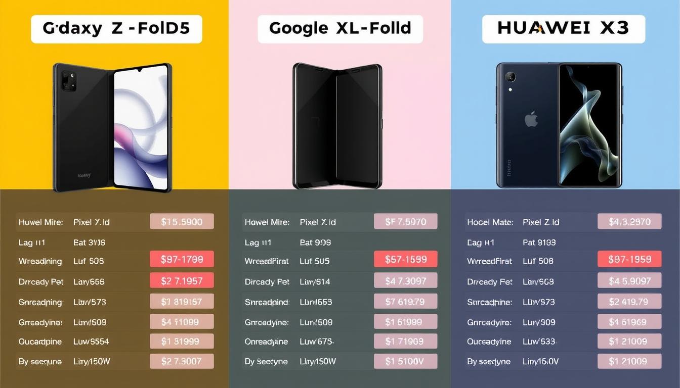 Comparação de preços entre Galaxy Z Fold5, Google Pixel Fold e Huawei Mate X3 em um galaxy z fold5 review