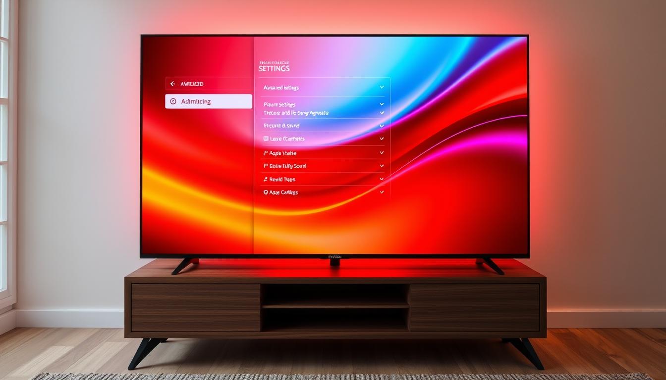 A high-end Philips 50-inch 4K Smart TV with Ambilight technology, displayed on a modern, minimalist wooden TV stand. The TV's advanced settings menu is open, revealing customizable options for picture, sound, and Ambilight configurations. The screen displays a sleek, intuitive user interface with clean lines and vibrant colors. The room is well-lit with a combination of natural and warm artificial lighting, creating a cozy and inviting atmosphere. The overall scene conveys a sense of modern, high-tech home entertainment and effortless usability.