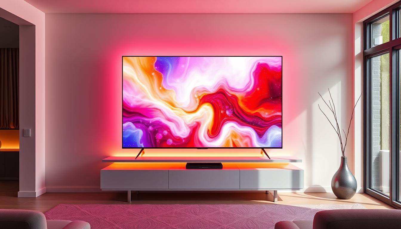 An elegant and immersive Philips Ambilight 50" 4K smart TV standing prominently in a modern living room. The screen is vibrantly lit, showcasing its ultra-high definition resolution and captivating Ambilight technology that casts a seamless glow across the surrounding walls. The TV is positioned on a minimalist entertainment console, complemented by sleek, minimalist decor and warm, natural lighting filtering in through large windows. The scene exudes a sense of sophisticated technology blending harmoniously with a refined, ambient home environment.