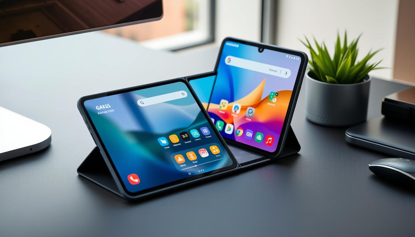 Galaxy Z Fold5 em modo Flex exibindo interface dividida em um galaxy z fold5 review