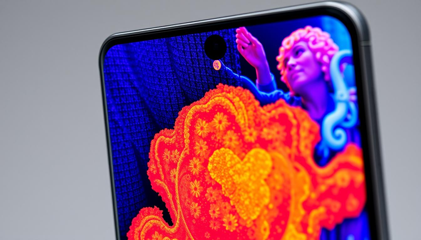 Tela do Galaxy A34 exibindo conteúdo colorido para demonstrar qualidade do display AMOLED