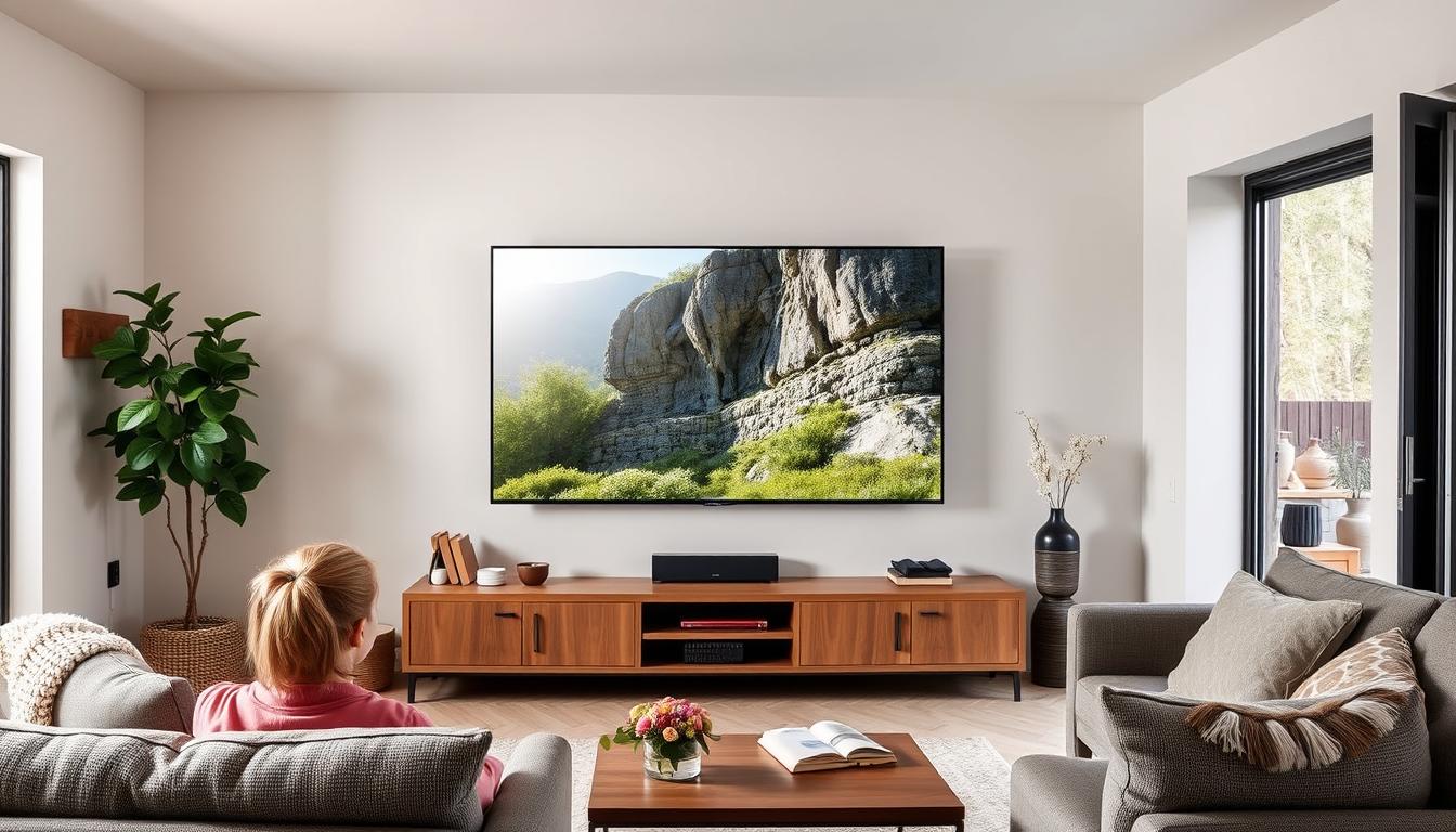 Samsung Crystal UHD BU8000 TV 4K Smart 2025 em ambiente familiar mostrando imagem nítida