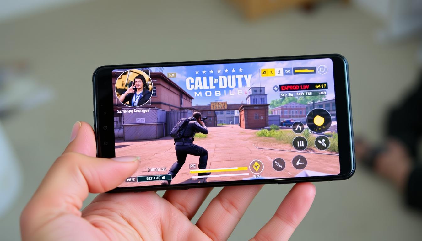 Galaxy Z Fold5 rodando jogo em alta qualidade na tela interna em um galaxy z fold5 review