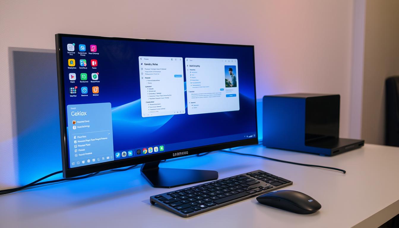 Modo DeX do Galaxy Z Fold5 conectado a um monitor externo em um galaxy z fold5 review
