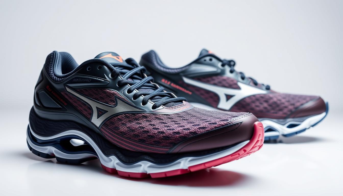 Tênis Mizuno de corrida em exposição com destaque para a tecnologia Wave