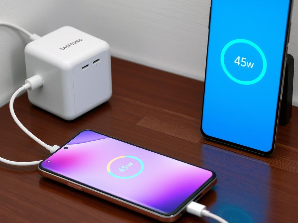 Galaxy S24 Plus sendo carregado com carregador de 45W