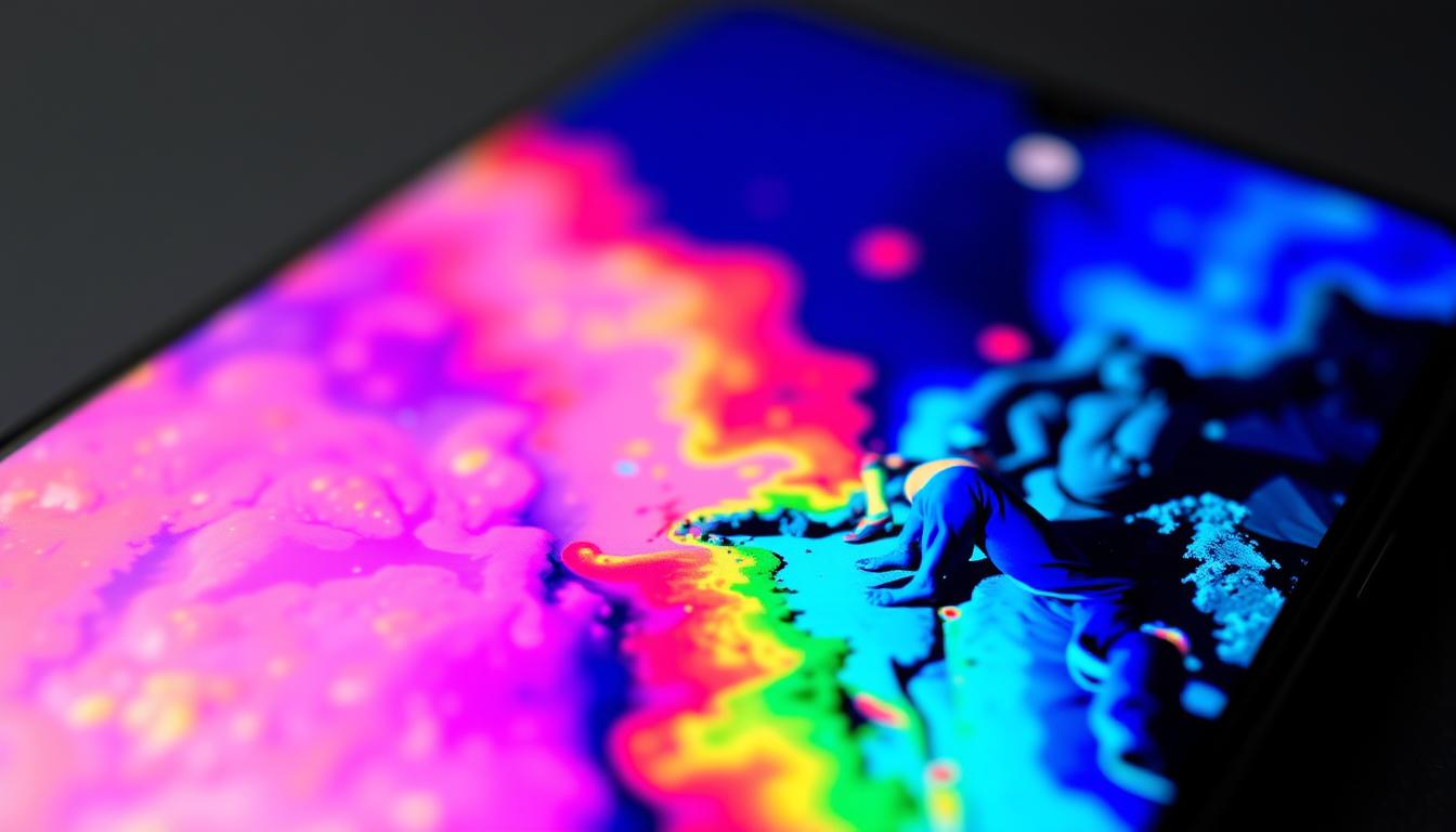 Tela do Galaxy S24 Plus mostrando cores vibrantes e alta resolução QHD+