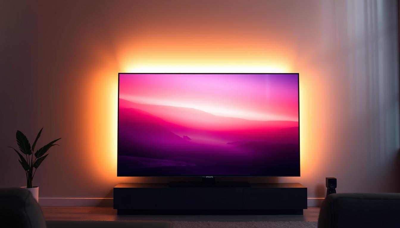 A sleek and modern 50-inch Philips Smart TV with an Ambilight technology-infused display stands prominently in a dimly lit living room. The screen emanates a warm, ambient glow, casting a soft, immersive light onto the surrounding walls, creating an atmosphere of heightened visual engagement. The TV's clean, minimalist design blends seamlessly with the room's contemporary decor, while its 4K resolution and advanced image processing capabilities deliver stunning, lifelike visuals. Subtle reflections dance across the screen's glossy surface, hinting at the technology's depth and sophistication. The Ambilight system seamlessly extends the onscreen action, drawing the viewer further into the immersive entertainment experience.