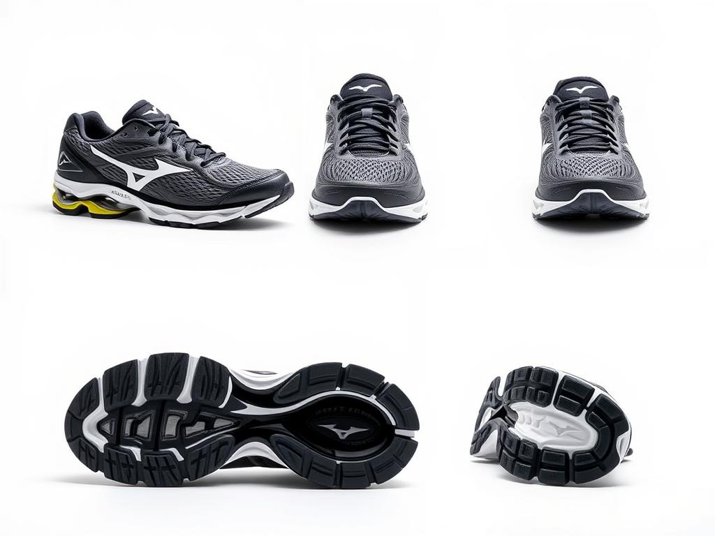 Tênis Mizuno Wave Rider 27 em diferentes ângulos mostrando detalhes da tecnologia Wave