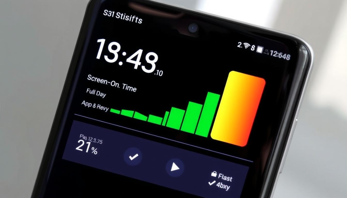 Galaxy S24 Plus mostrando tela de estatísticas de bateria com uso intenso