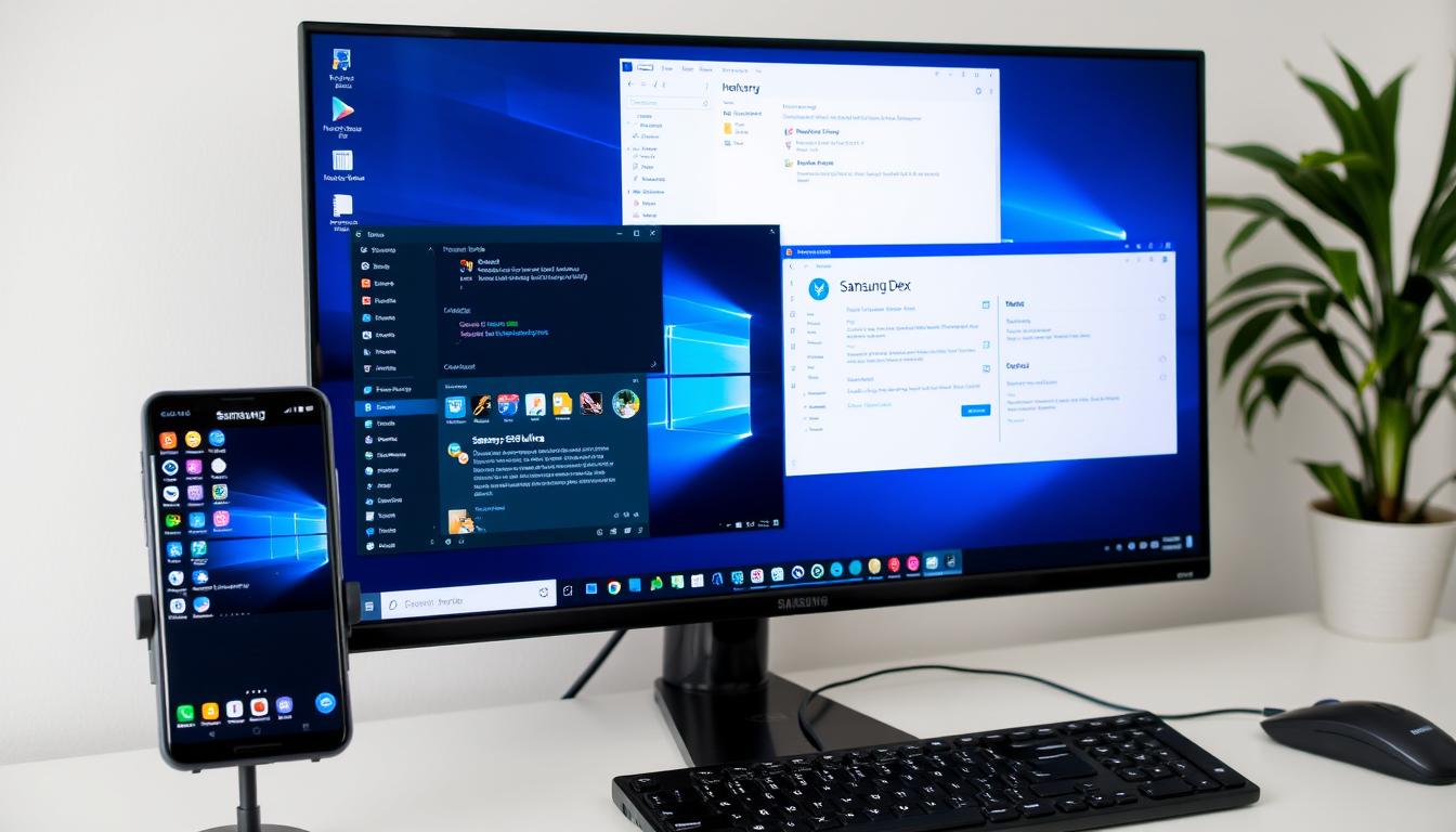 Samsung DeX em uso com monitor externo, teclado e mouse mostrando ambiente de trabalho