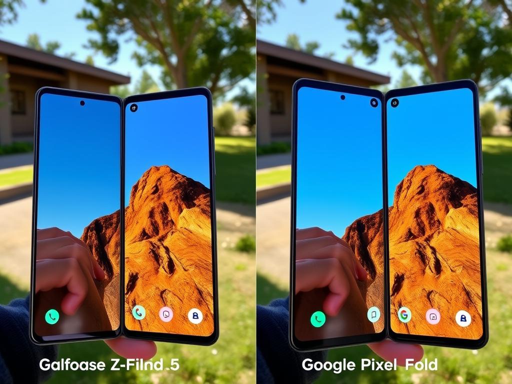Comparação de brilho entre Galaxy Z Fold5 e Google Pixel Fold sob luz solar em um galaxy z fold5 review