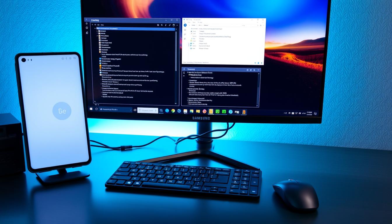 Galaxy S24 Ultra conectado a monitor externo mostrando interface Samsung DeX