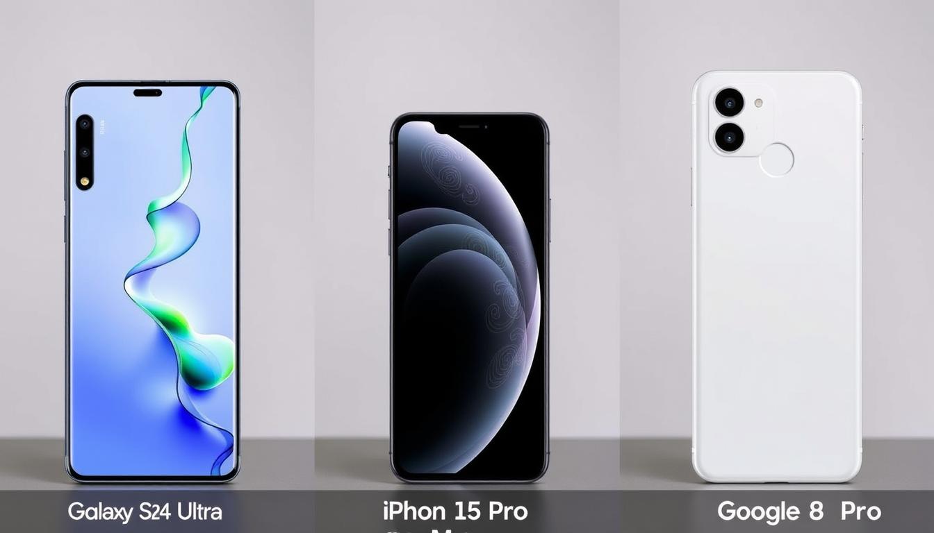 Comparação visual entre Galaxy S24 Ultra, iPhone 15 Pro Max e Google Pixel 8 Pro