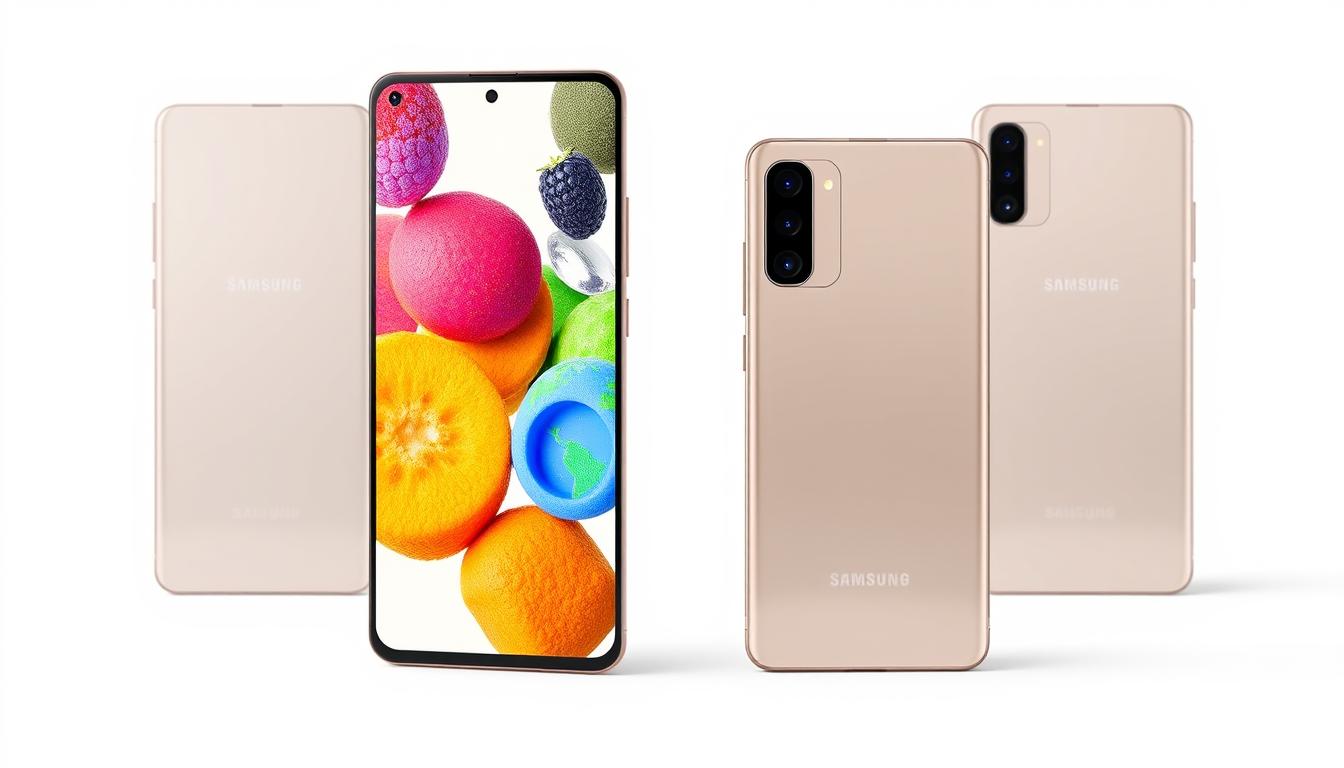 Samsung Galaxy A34 5G em diferentes ângulos mostrando o design e a tela