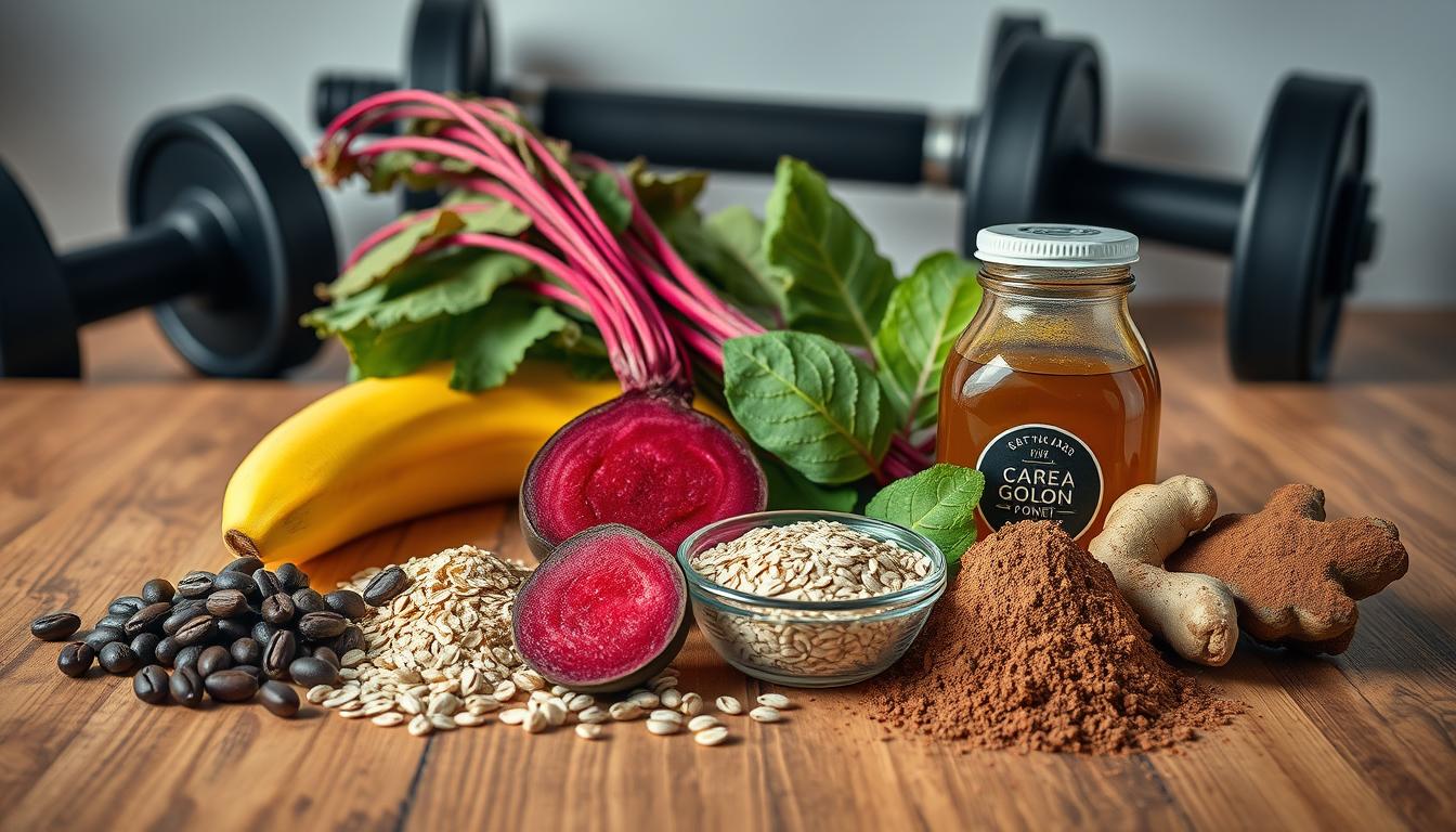 Pré Treino Caseiro Natural e Potente 1 Ingredientes naturais para pré treino caseiro natural e potente dispostos em uma mesa