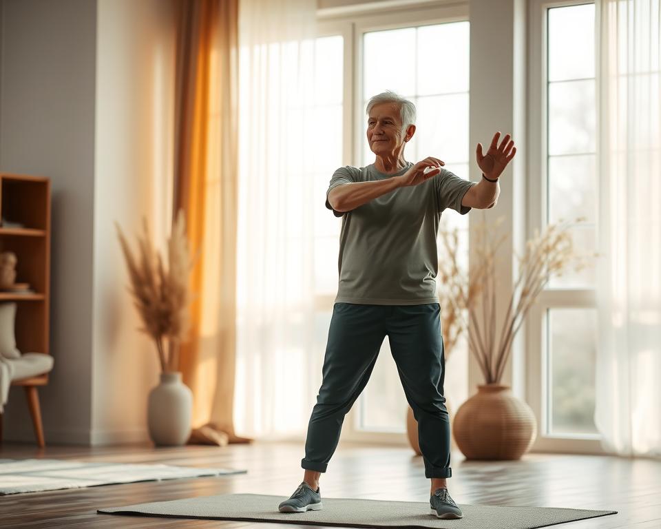 A serene elderly person performing gentle stretches and exercises in a well-lit, calming indoor setting. The figure stands in a neutral stance, dressed in comfortable, breathable athletic wear. Soft, diffused natural light filters through large windows, casting a warm, soothing ambiance. The background features minimalist decor and soothing earth-toned accents, creating a peaceful, inviting atmosphere conducive to safe, low-impact physical activity. Subtle details emphasize the importance of proper form and controlled movements to ensure the individual's wellbeing and security.