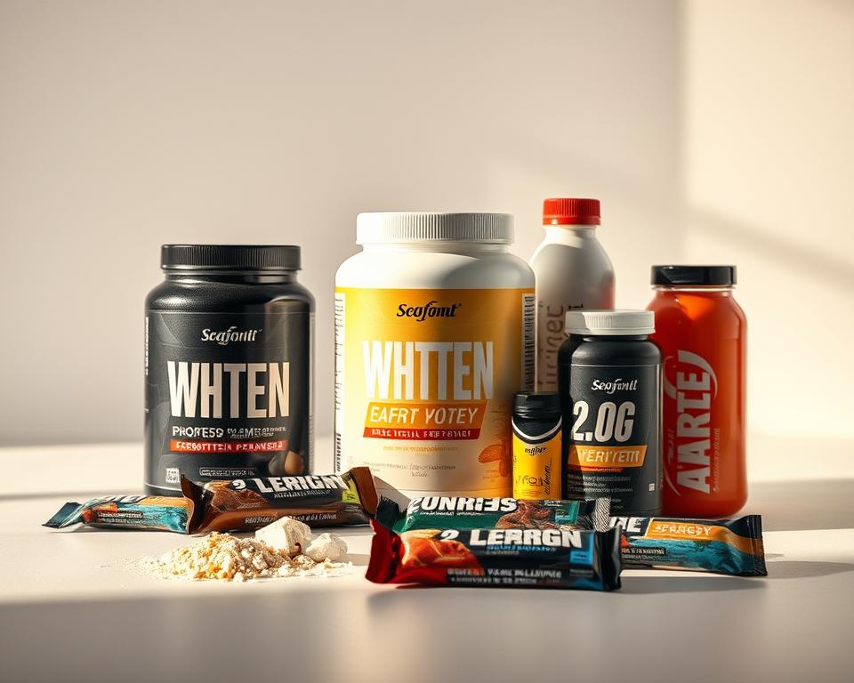 A close-up shot of various sports nutrition supplements, including protein powder, energy bars, and electrolyte drinks, neatly arranged on a clean, minimalist background. The lighting is soft and diffused, creating a warm, inviting atmosphere. The composition emphasizes the visual appeal and quality of the products, hinting at their potential to enhance athletic performance and recovery. The image conveys a sense of professionalism, expertise, and the importance of proper nutrition for sports and fitness enthusiasts.