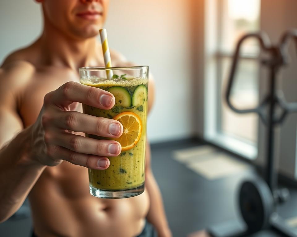 A vibrant, high-resolution image depicting "performance and health" in the context of sports nutrition. The scene shows a fit athlete drinking a nutrient-rich smoothie after an intense workout. The foreground features the athlete's hands holding the glass, showcasing the smoothie's vibrant colors and textures. The middle ground depicts the athlete's muscular physique, conveying a sense of strength and vitality. The background features a minimalist, clean-lined gym setting with exercise equipment, suggesting a focus on fitness and well-being. The lighting is natural and warm, creating a mood of energy and vitality. The overall composition and attention to detail capture the essence of sports nutrition and its role in optimizing performance and health.