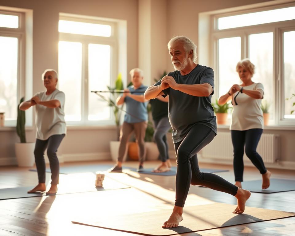 A serene indoor setting with elderly individuals performing low-impact exercises on exercise mats. The scene is bathed in warm, natural lighting that filters in through large windows, creating a calming atmosphere. In the foreground, a senior man and woman are carefully executing gentle stretches and joint mobility exercises, their expressions focused yet tranquil. In the middle ground, another elderly couple is engaged in simple strength training using resistance bands, their movements deliberate and controlled. The background features a minimalist, uncluttered space with soothing wall colors and potted plants, conveying a sense of safety and well-being. The overall composition emphasizes the importance of low-impact, accessible physical activities for the elderly, promoting their health and independence.