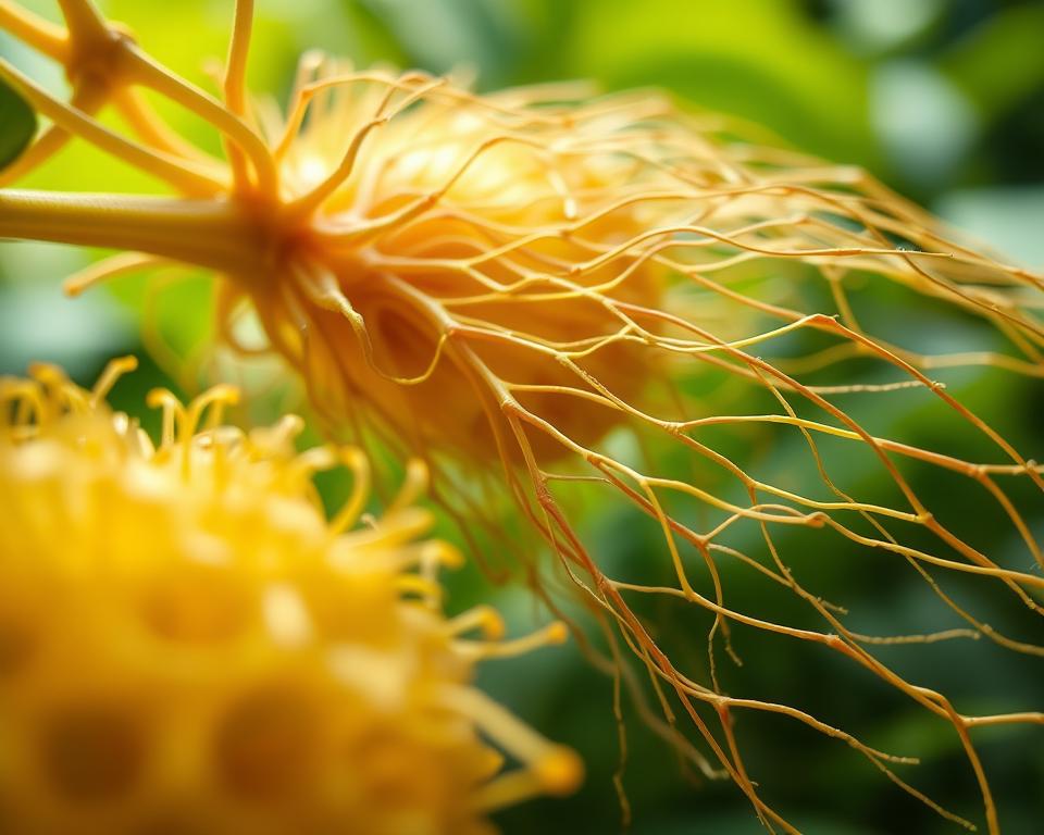 A lush, botanical close-up depicting the intricate structure of plant fibers. The foreground showcases a detailed, high-resolution view of individual plant cells, their cellulose-rich cell walls visible in a warm, golden hue. The middle ground features a network of interconnected, fibrous strands, highlighting the complex and interconnected nature of plant tissues. In the background, a soft, out-of-focus greenery sets a serene, natural atmosphere. Captured with a macro lens and balanced lighting, this image conveys the beauty and essential function of plant-based fibers.