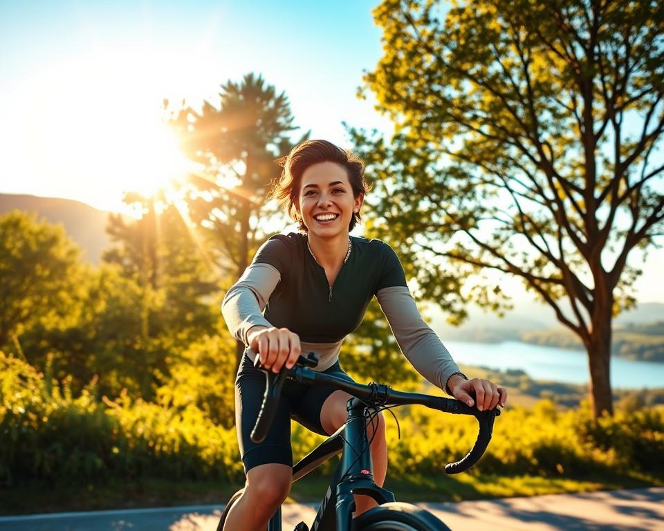 A serene outdoor setting, a person cycling on a modern, sleek bicycle, surrounded by lush greenery and a clear blue sky. Warm, golden sunlight filters through the trees, casting a radiant glow on the cyclist's face. The rider's expression is one of pure joy and vitality, embodying the vibrant health and energy that cycling can bring. In the background, a picturesque landscape unfolds, with rolling hills and a tranquil body of water, further emphasizing the connection between cycling and a rejuvenating, natural environment. The image captures the essence of &quot;radiant health through exercise,&quot; showcasing the transformative power of this active lifestyle.