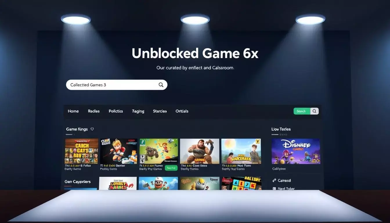 A sleek and modern online platform interface for a collection of "Unblocked Games 6x" curated by "Classroom". The interface features a clean, minimalist design with a prominent search bar, intuitive navigation menus, and vibrant thumbnail previews of the available games. The layout is well-organized, with a grid-like arrangement of game categories and a responsive design that adapts seamlessly to different screen sizes. Soft lighting from above illuminates the interface, creating a sense of depth and clarity. The overall atmosphere is one of excitement and exploration, inviting users to dive into a world of endless, unblocked gaming possibilities.