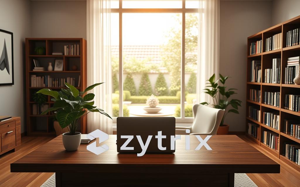 An elegant office interior with a minimalist, zen-like aesthetic. The foreground features a wooden desk with a laptop, a potted plant, and a stylized zytrix logo. The middle ground showcases a large window overlooking a serene garden, bathing the room in warm, natural light. The background depicts a bookshelf filled with finance and entrepreneurship titles, hinting at the intellectual pursuits of the occupant. The overall mood is one of focus, productivity, and a sense of tranquil financial potential.