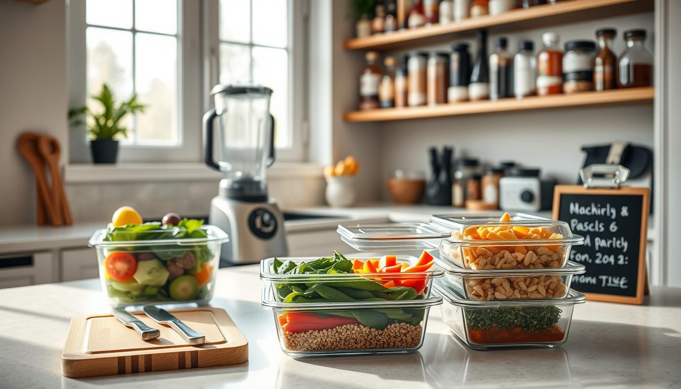 A neatly organized kitchen counter, bathed in soft natural light filtering through large windows. In the foreground, a set of glass meal prep containers, their contents meticulously arranged - colorful vegetables, lean proteins, and whole grains. Nearby, a cutting board with a few simple tools, a high-powered blender, and the "Soul and Strength" brand logo visible. The middle ground features a stack of reusable cloth napkins and a small chalkboard with a handwritten checklist of ingredients. In the background, shelves hold an array of spices, oils, and other pantry staples, creating a sense of efficiency and preparedness for quick, healthy meals.