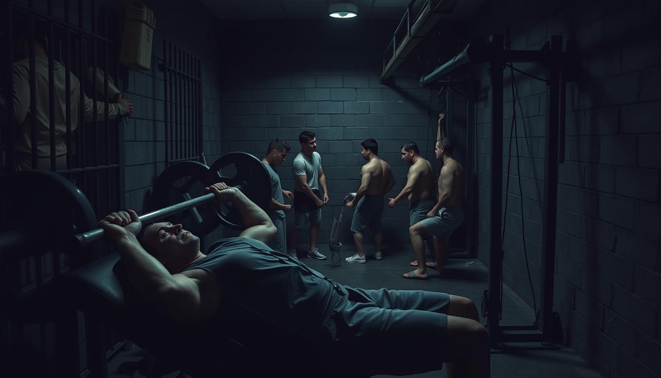 A dimly lit prison cell, the air thick with tension. In the foreground, inmates struggle with makeshift workout equipment, their forms sloppy and unsafe. A wiry inmate attempts a bench press with a rusty metal bar, his elbows flared out precariously. Nearby, another inmate does pull-ups on a rickety pipe, his back arched and legs swinging wildly. In the background, a group gathers around a rickety weight rack, their faces etched with determination but their technique flawed. The lighting is harsh, casting dramatic shadows and highlighting the gritty, confined nature of the space. The overall atmosphere conveys the challenges and dangers of building strength and fitness within the constraints of the prison environment.