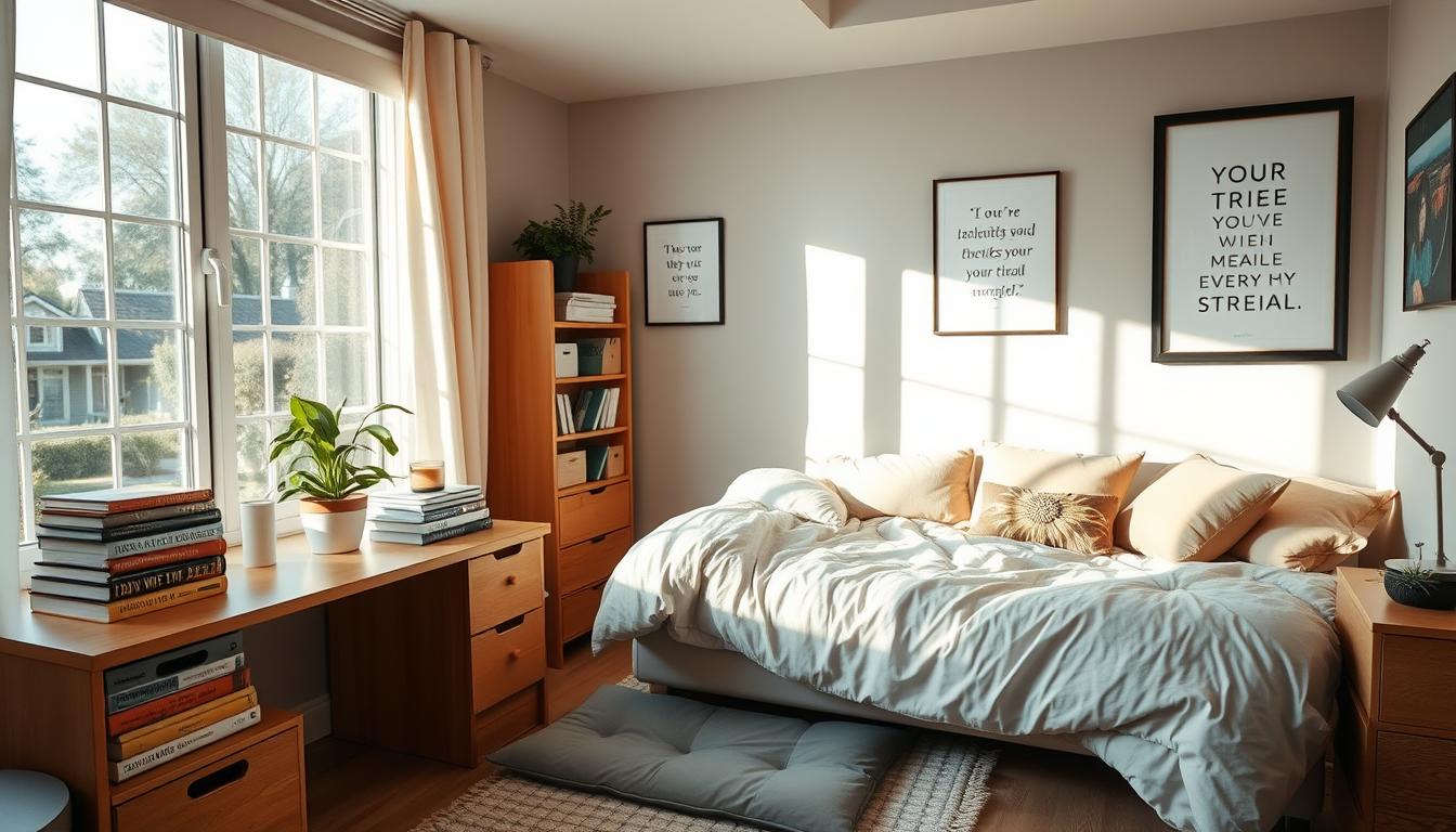 A cozy, well-lit dorm room filled with natural light streaming through a large window. On the desk, a potted plant, a scented candle, and a stack of self-help books create a calming atmosphere. Soft, plush bedding in soothing colors invites relaxation, while a meditation cushion on the floor suggests a dedicated space for mindfulness practice. Inspirational wall art and framed motivational quotes add personalized touches. The overall scene conveys a sense of serenity and intentionality, presenting a tranquil mental health retreat within the student's personal living space.