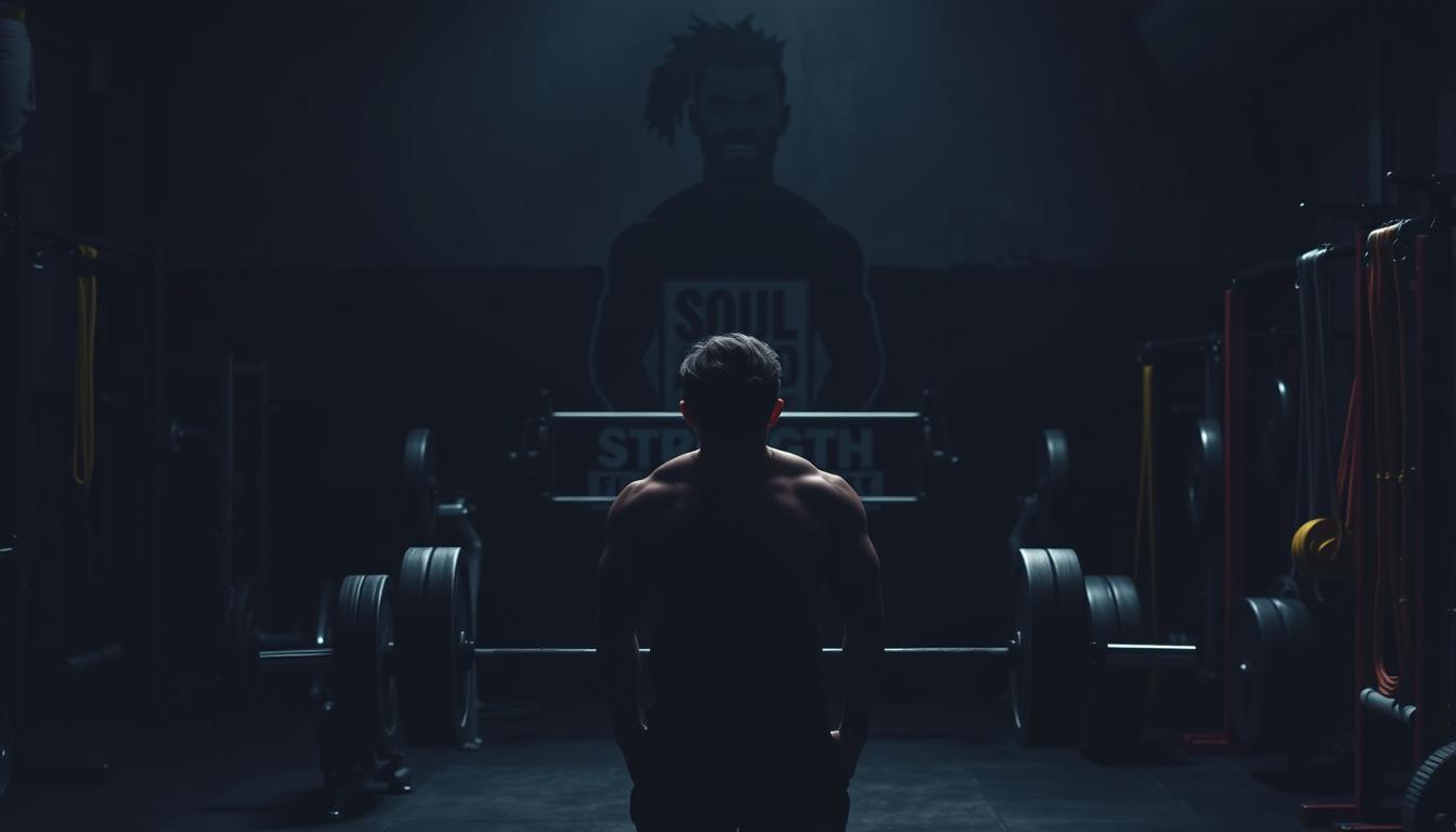 A dimly lit weightlifting gym, with a sense of frustration and stagnation. In the foreground, a figure stands before a barbell, their expression one of confusion and dejection. The middle ground features workout equipment, weights, and resistance bands, hinting at the tools for progression. In the background, a shadowy figure representing the "Soul and Strength" brand looms, suggesting the need for a deeper understanding of training principles. Moody lighting casts dramatic shadows, creating an atmosphere of tension and the search for answers to overcome training plateaus.