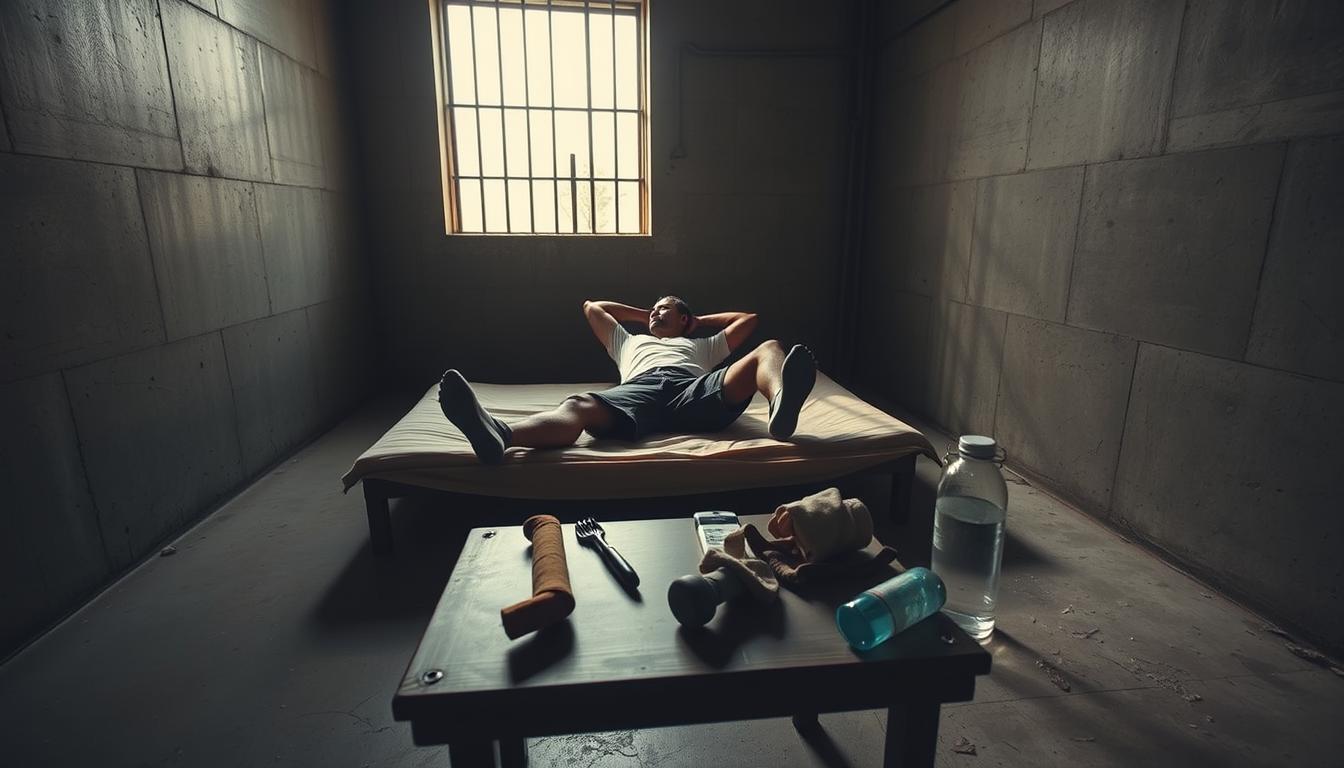 A sparse concrete cell, the sole occupant performing bodyweight exercises on a thin mattress. Streams of natural light filter through the barred window, casting dramatic shadows. On a small table, an assortment of improvised recovery tools - a self-massage stick, a cloth wrap, and a water bottle. The atmosphere is one of determined resilience, the inmate finding strength in the face of limited resources. The camera angle is low, capturing the scene from a gritty, ground-level perspective that conveys the realities of life in a confined space. The image exudes a sense of determination and resourcefulness, reflecting the title "Recovery Methods in Confined Spaces."