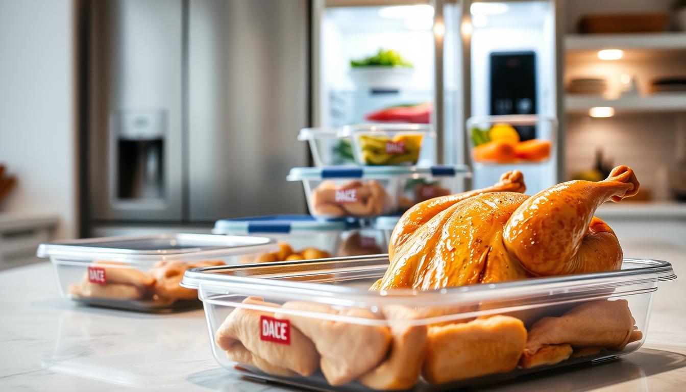 A well-lit, meticulously organized kitchen countertop showcasing proper chicken storage techniques. In the foreground, a clear plastic container houses a succulent rotisserie chicken, its golden-brown skin glistening under soft, even lighting. In the middle ground, a set of air-tight glass containers stand ready to hold leftover chicken portions, labeled with the date. The background features a sleek, minimalist refrigerator, its shelves stocked with fresh produce and other meal prep essentials. The overall scene conveys a sense of culinary efficiency and food safety, setting the stage for effortless chicken-based meal preparation.
