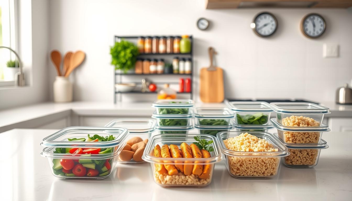 A modern, bright kitchen with ample counter space. On the countertop, several meal prep containers in various sizes, filled with freshly chopped vegetables, grilled chicken, and quinoa. In the background, a wall-mounted spice rack and a minimalist kitchen timer. Soft, even lighting illuminates the scene, highlighting the efficient organization and preparation of the healthy, pre-portioned meals. The image conveys a sense of productivity, simplicity, and a commitment to a nutritious lifestyle.