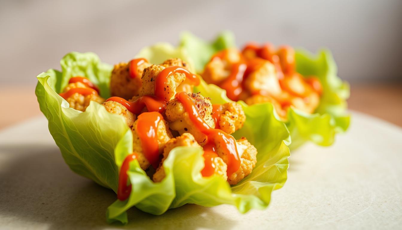 Spicy Buffalo Cauliflower Lettuce Wraps: a vibrant, appetizing close-up shot captured in natural lighting, showcasing crisp lettuce leaves filled with golden-brown, seasoned cauliflower florets, drizzled with a rich, tangy buffalo sauce. The arrangement is set against a minimalist, neutral background, allowing the bold colors and textures to take center stage. The overall composition evokes a fresh, healthy, and flavorful dining experience, perfectly reflecting the "Air Fryer Magic" theme and the "Spicy Buffalo Cauliflower Lettuce Wraps" section title.