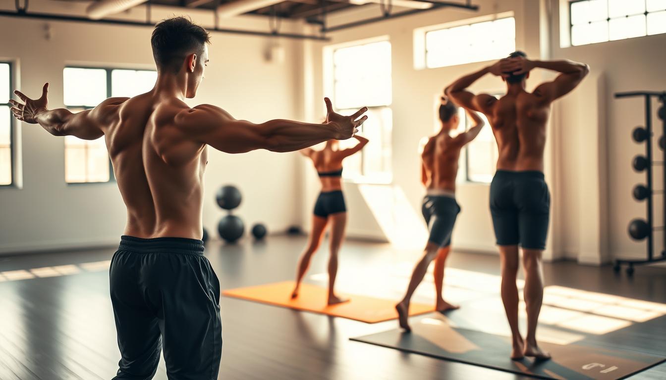 A bright, well-lit studio setting featuring a group of fit individuals performing a sequence of dynamic warm-up exercises designed to prepare the back and core for heavy lifting. The foreground shows a person executing a gentle side-to-side torso twist, with arms extended, to mobilize the spine. In the middle ground, another person performs a cat-cow yoga pose, flowing smoothly between arched and rounded back positions. The background showcases a person performing a standing back extension, gently arching their back and squeezing their shoulder blades together. The lighting is warm and natural, creating a sense of energy and vitality. The overall atmosphere conveys the importance of thorough preparation to lift heavy weights safely and effectively.
