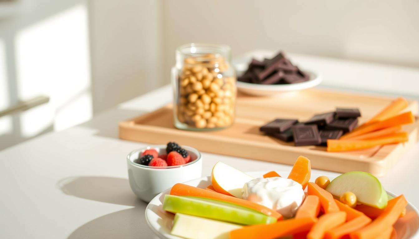 A minimalist kitchen counter showcases an assortment of healthy snacks, bathed in warm, natural lighting. In the foreground, a plate features sliced apples, carrot sticks, and roasted chickpeas, while a small bowl of Greek yogurt with berries rests nearby. In the middle ground, a glass jar filled with trail mix and a plate of dark chocolate squares sit atop a wooden cutting board. The background softly fades into a serene, neutral-toned wall, creating a calming, inviting atmosphere that encourages mindful, guilt-free snacking.